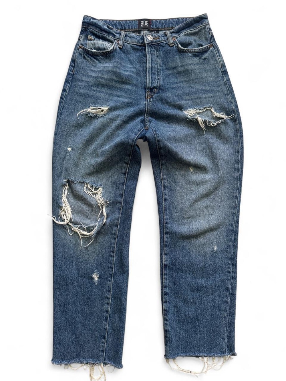 BDG Slim straight blue jeans with distressed details, size 28